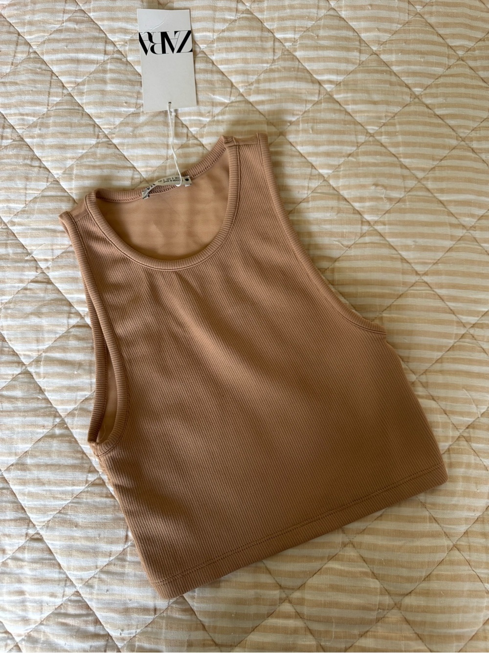 Zara Ribbed Crop Tank Top — Beige Tan